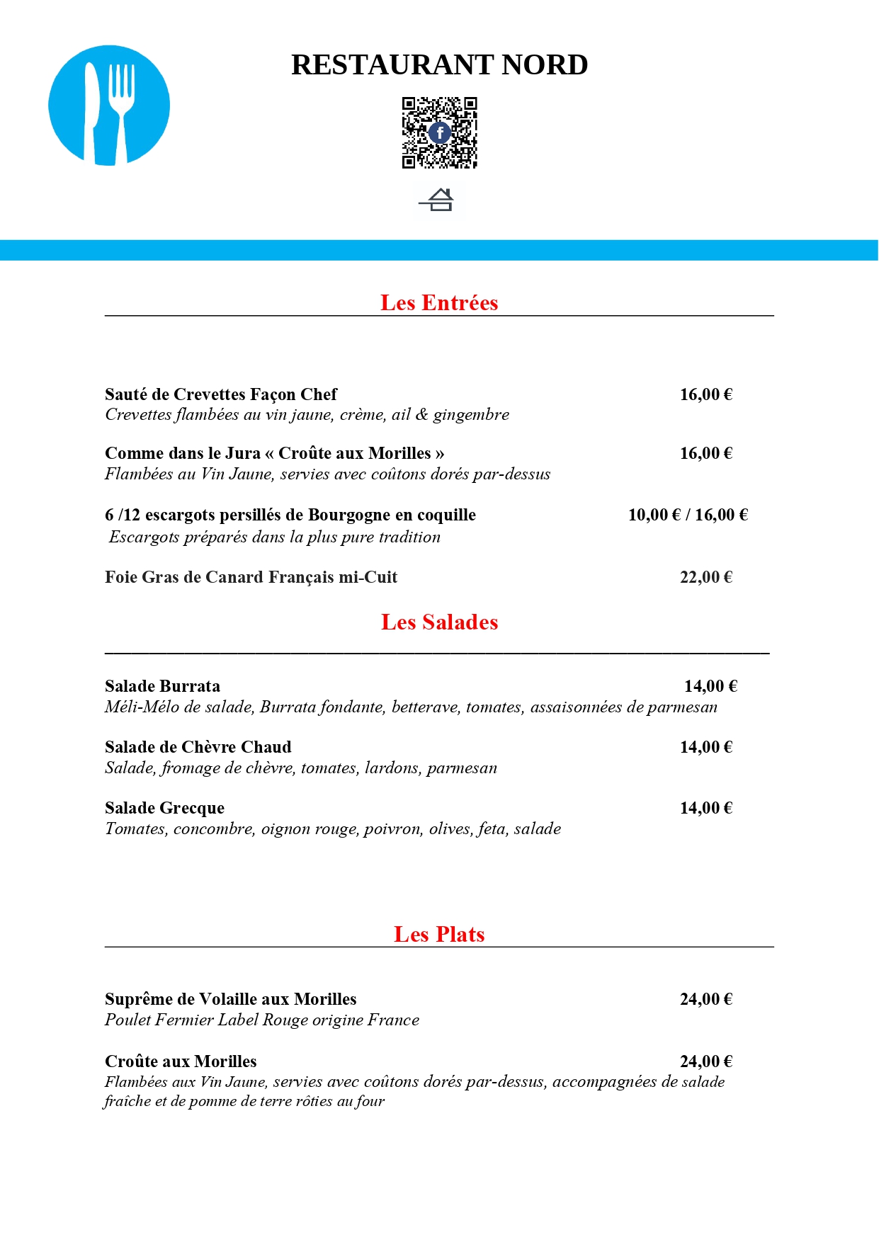 Carte des plats — page 1 — Restaurant Nord Lons-le-Saunier